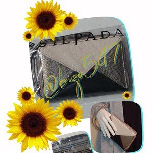 Zipper Wristlet Clutch Black Cream Metallic Pewter Bronze Faux Pebbled Leather